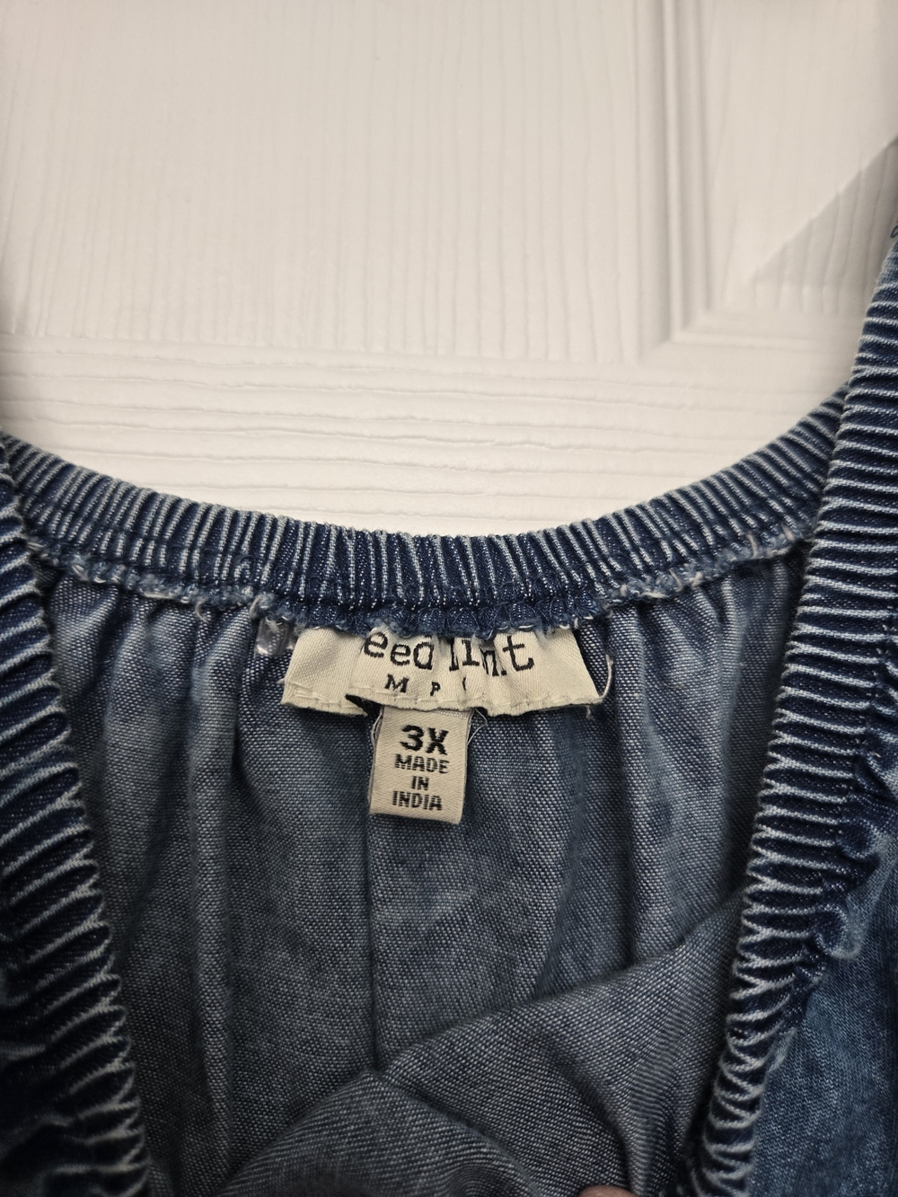 Denim Midi Puff Sleeve Peasant Dress - Blue - Picture 2 of 3